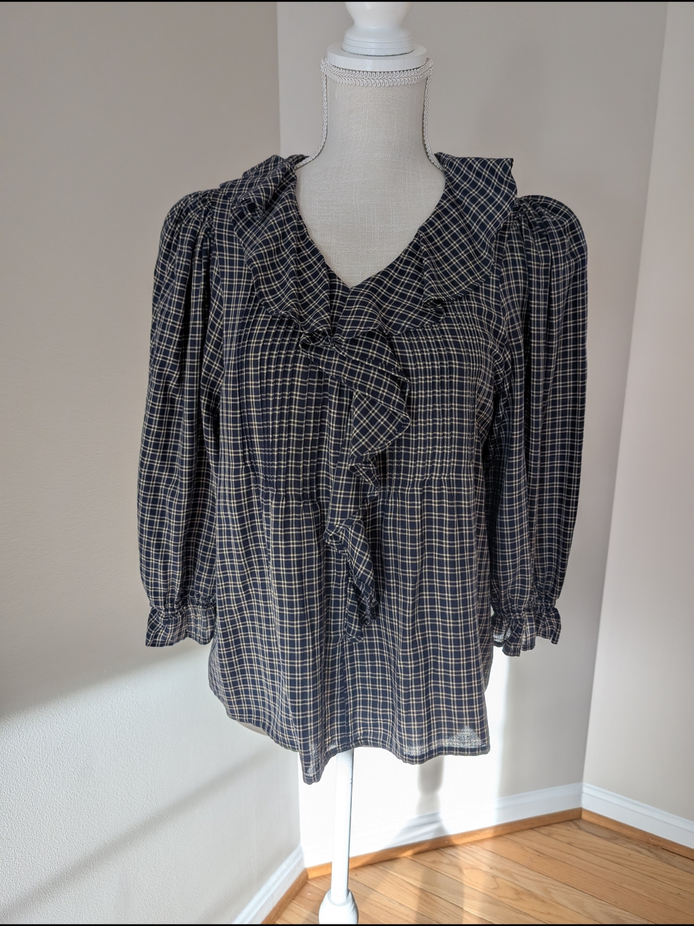 LC Lauren Conrad Navy Plaid Ruffle Front Blouse